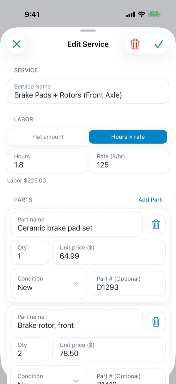 Pricing a service with hours times rate and itemized parts