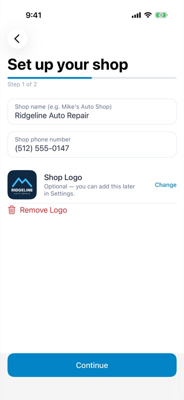 Set up your shop screen with shop name, phone and logo