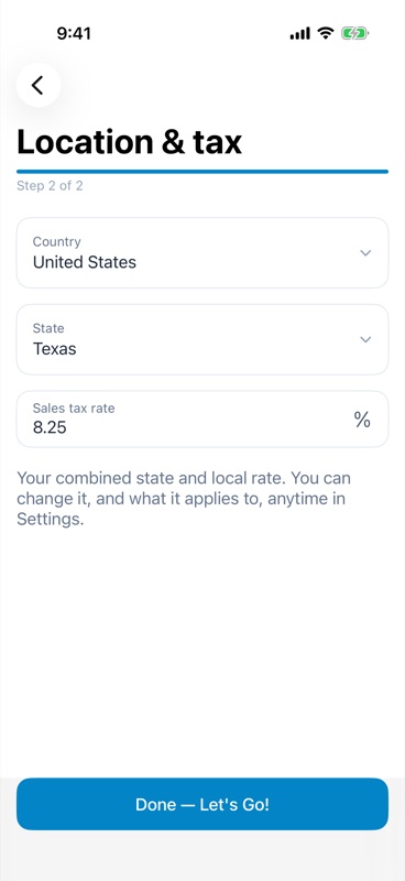 Location and tax screen with country, state or province and tax rate