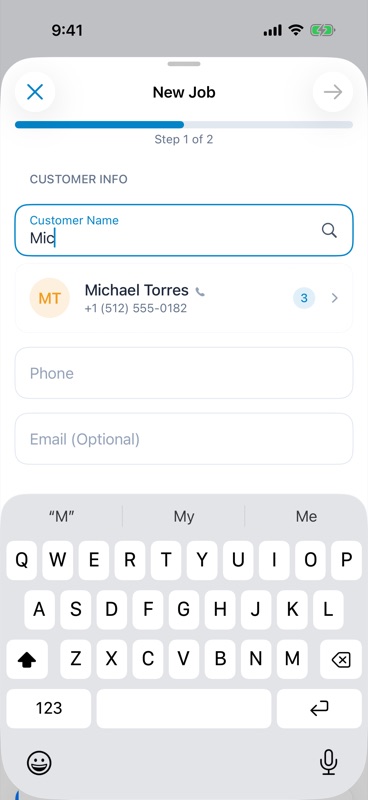 New Job customer step with an existing customer suggestion