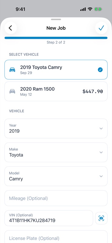 New Job vehicle step with year, make, model, mileage and VIN