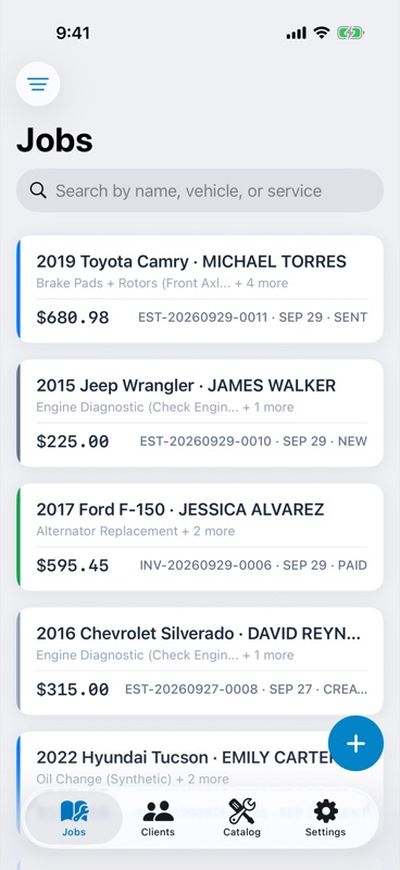 Jobs tab with job cards showing customer, vehicle, total and status