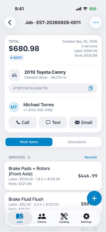 Job screen with header card and the Work Items tab listing services