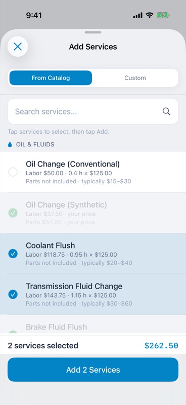 Add Services sheet with catalog categories and selected services