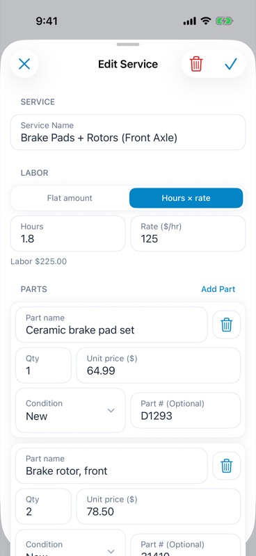 Edit Service sheet with hours times rate labor and itemized parts