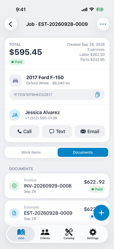 Documents tab inside a job listing an invoice and an estimate