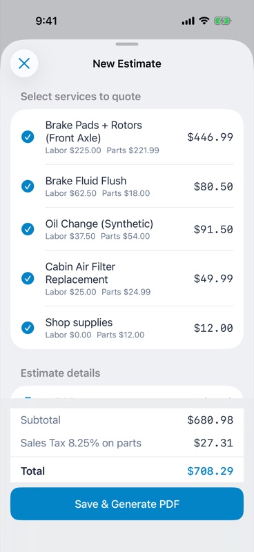 New Estimate sheet with selected services, taxes, total and validity