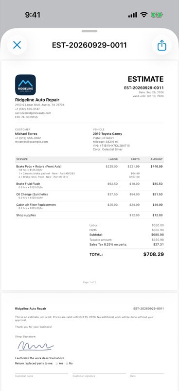 Estimate PDF preview with shop header, vehicle, labor, parts and taxes