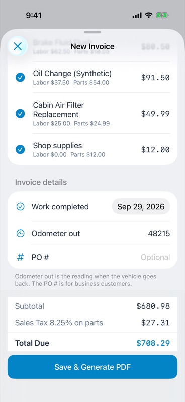 New Invoice sheet with completion date, odometer out and PO number