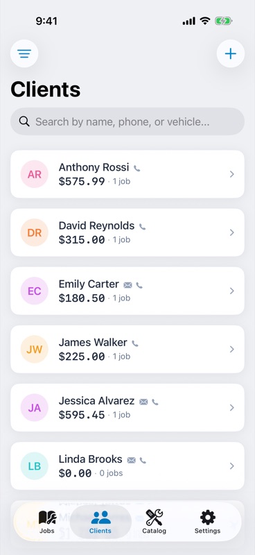 Clients tab with an alphabetical list of customers