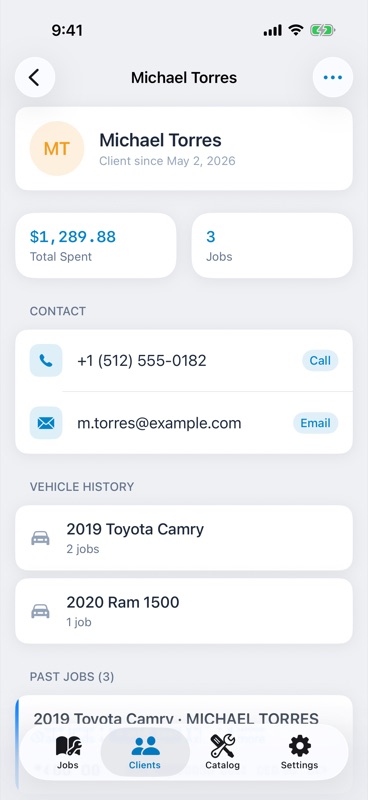 Client detail with total spent, contact buttons, vehicle history and past jobs