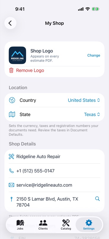 My Shop settings with location, shop details and registration numbers