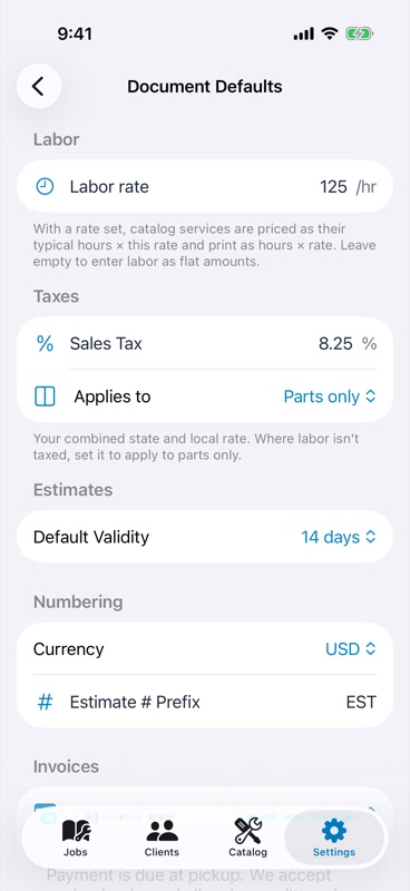 Document Defaults settings with labor rate and taxes