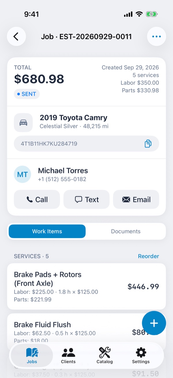AutoEstimate job screen with services, labor and parts