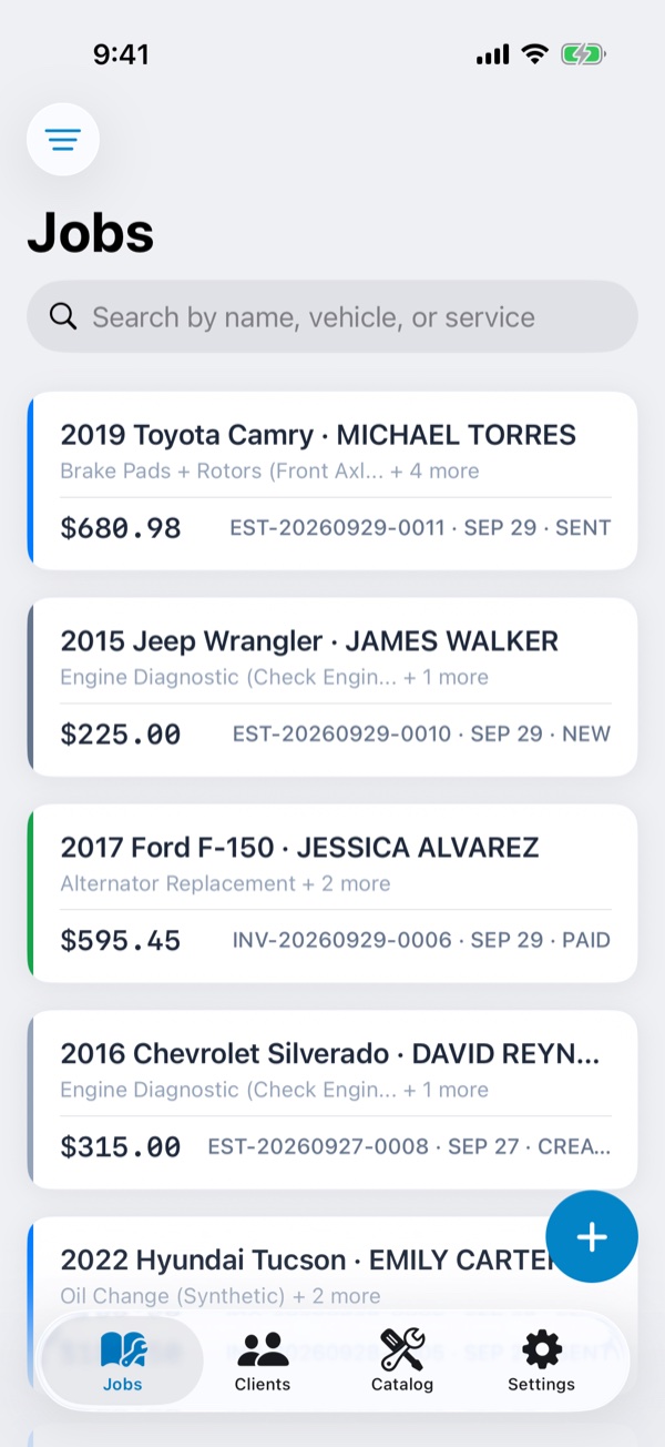 AutoEstimate jobs list