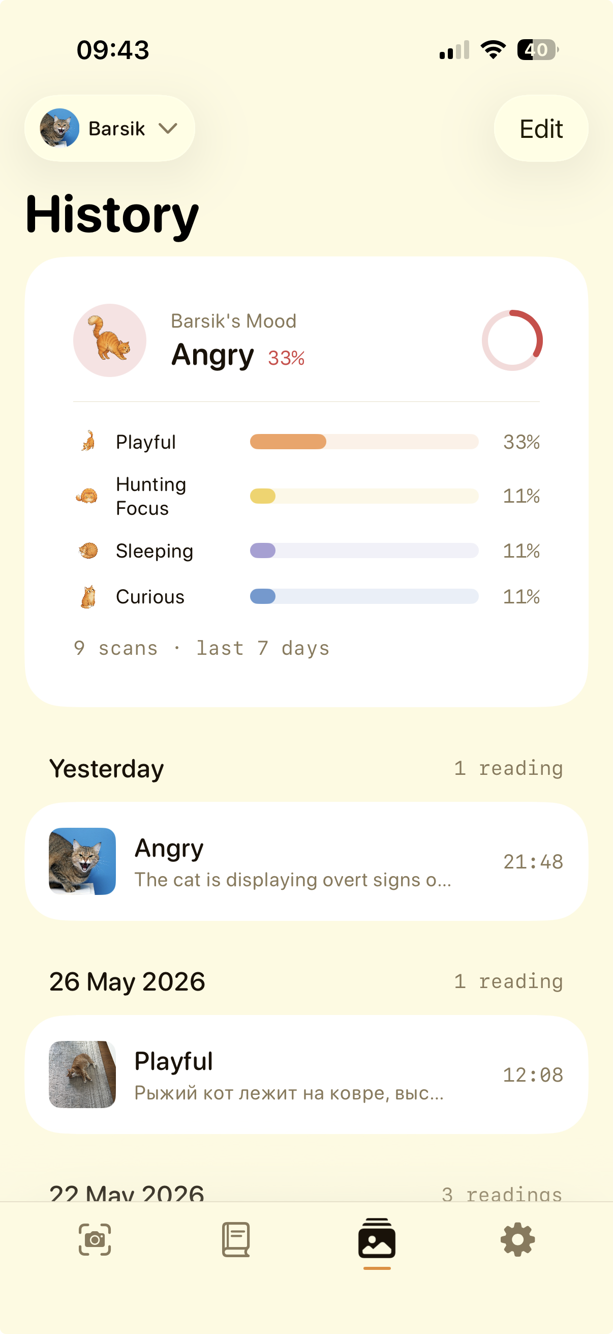 Catslator — Session History with mood stats