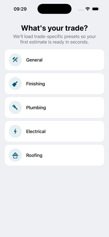EstimateKit trade selection screen
