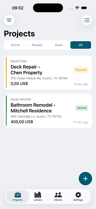 EstimateKit job list with Active and Paused jobs