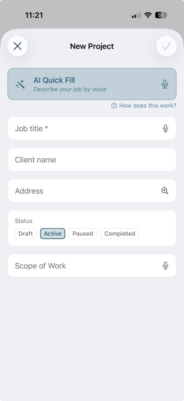 New Job form with the AI Quick Fill banner