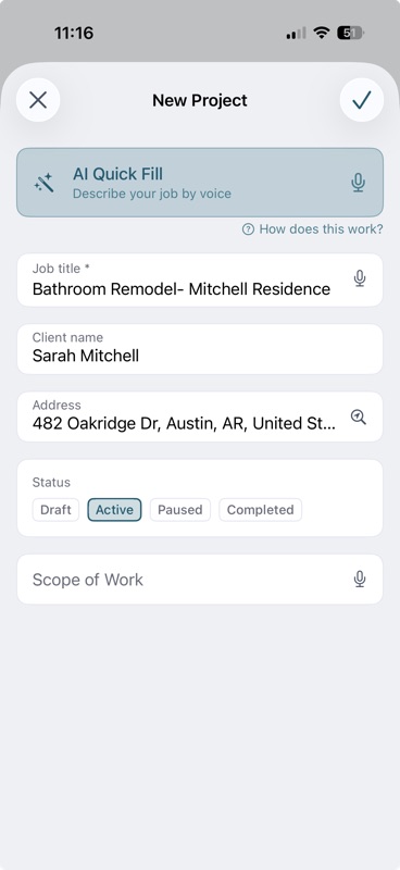 New Job form in EstimateKit