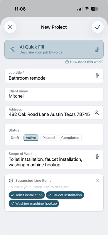 New Job form auto-filled by AI with suggested line items