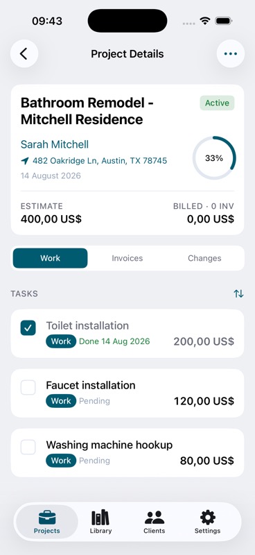 Job detail screen showing tasks, checkboxes, and progress ring