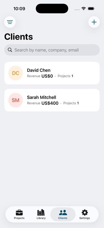 Clients tab with revenue per client