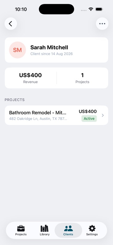 Client detail screen with revenue and linked jobs