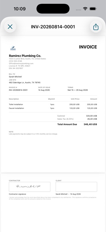 Generated PDF invoice with header, line items, tax, and signature
