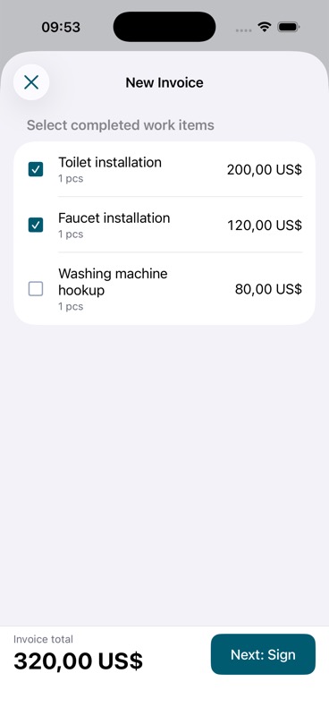 Selecting completed work items for an invoice