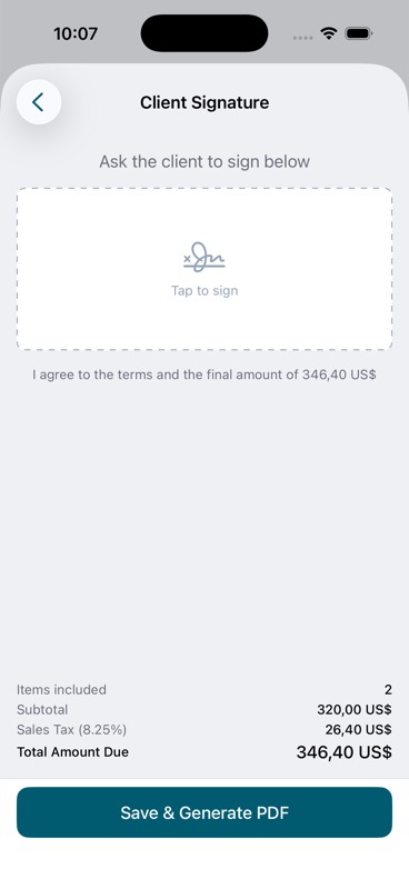 Client signature screen with total due