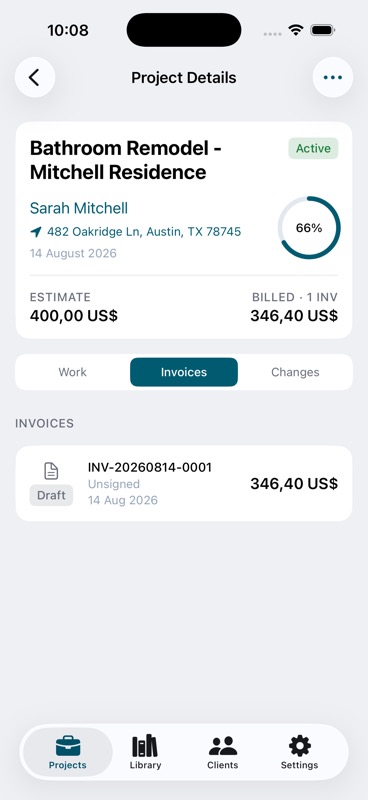 Invoices tab inside a job showing invoice status and amount