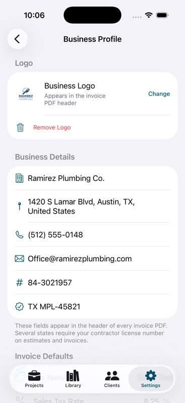 Business Profile settings screen