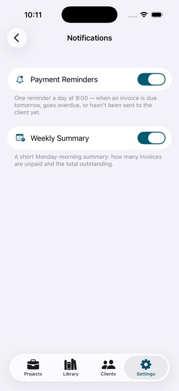 Notification settings with Payment Reminders and Weekly Summary toggles
