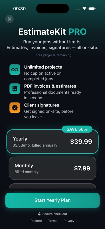 EstimateKit Pro upgrade screen with pricing plans