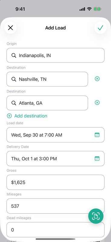 Add Load form with origin, destination, dates, gross, and miles