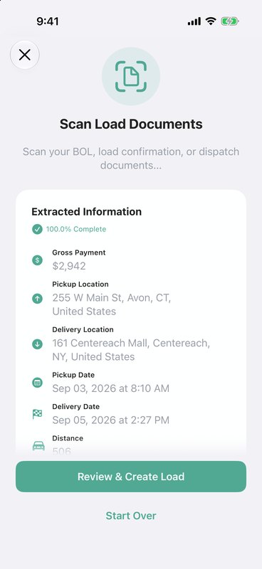 Extracted load information: gross payment, pickup and delivery locations, dates, and distance