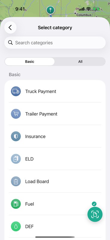 Select category screen with recently used categories and search