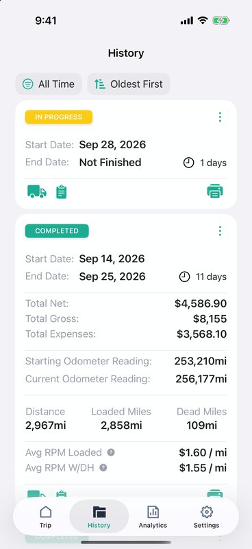 History tab with trip cards showing net, gross, expenses, and miles