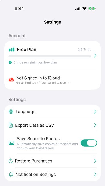 Settings tab with plan usage, iCloud sync status, and app settings